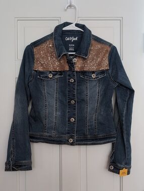 NWT Cat & Jack Dark Wash Denim Jacket with Gold Sequin Yoke